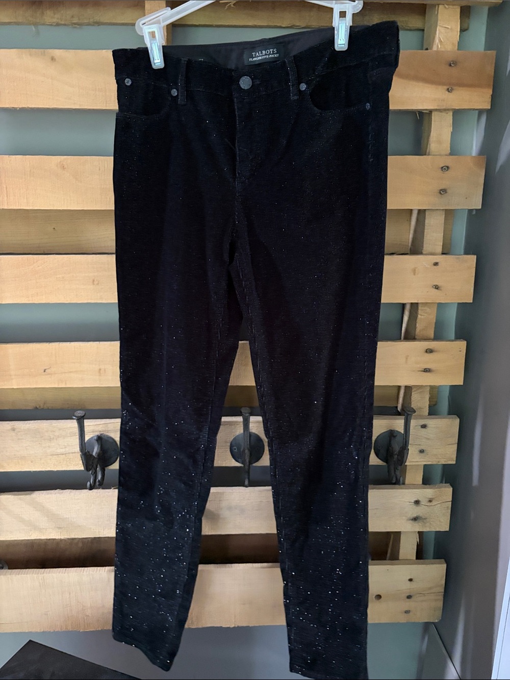 Talbots Flawless Five Pocket Black Sparkle Velvet Pants Slim Ankle Size 4